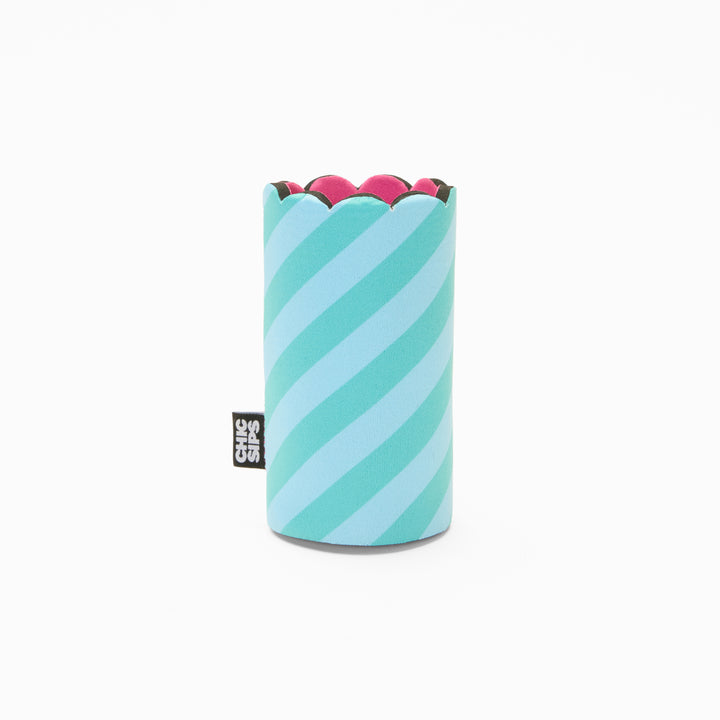 Blue and green stripe print can sleeve with scalloped edge and pink lining