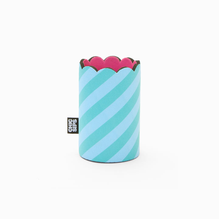 Blue and green stripe print can sleeve with scalloped edge and pink lining