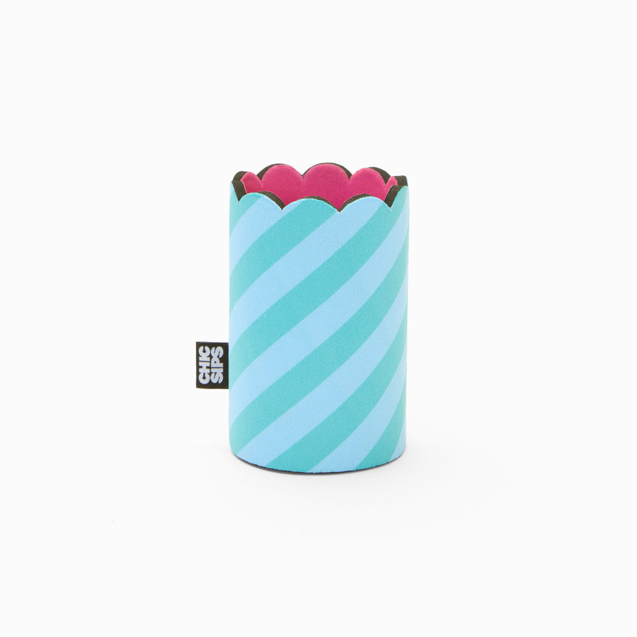 Blue and green stripe print can sleeve with scalloped edge and pink lining
