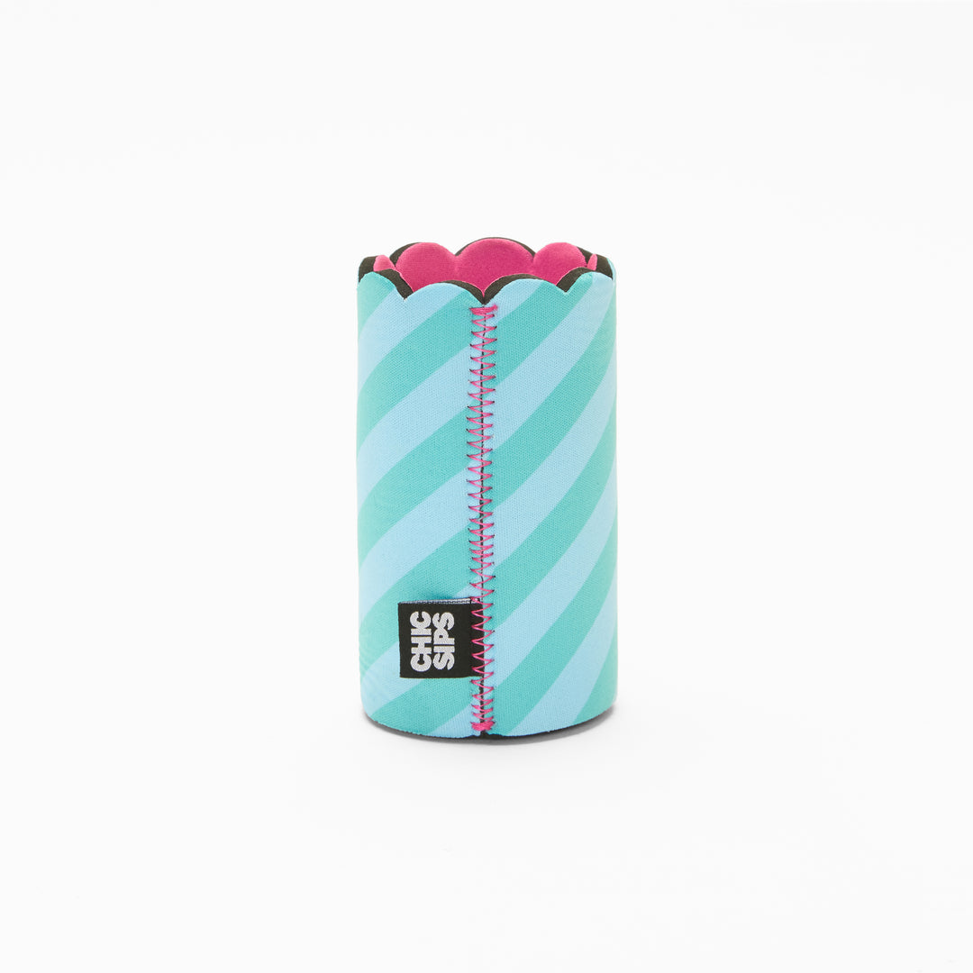 Blue and green stripe print can sleeve with scalloped edge, pink lining and pink zigzag seam