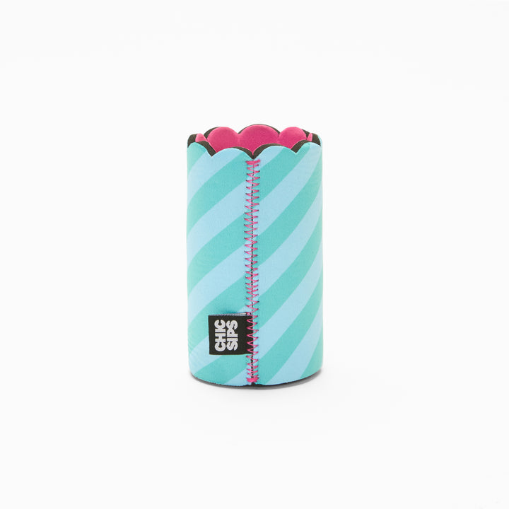 Blue and green stripe print can sleeve with scalloped edge, pink lining and pink zigzag seam