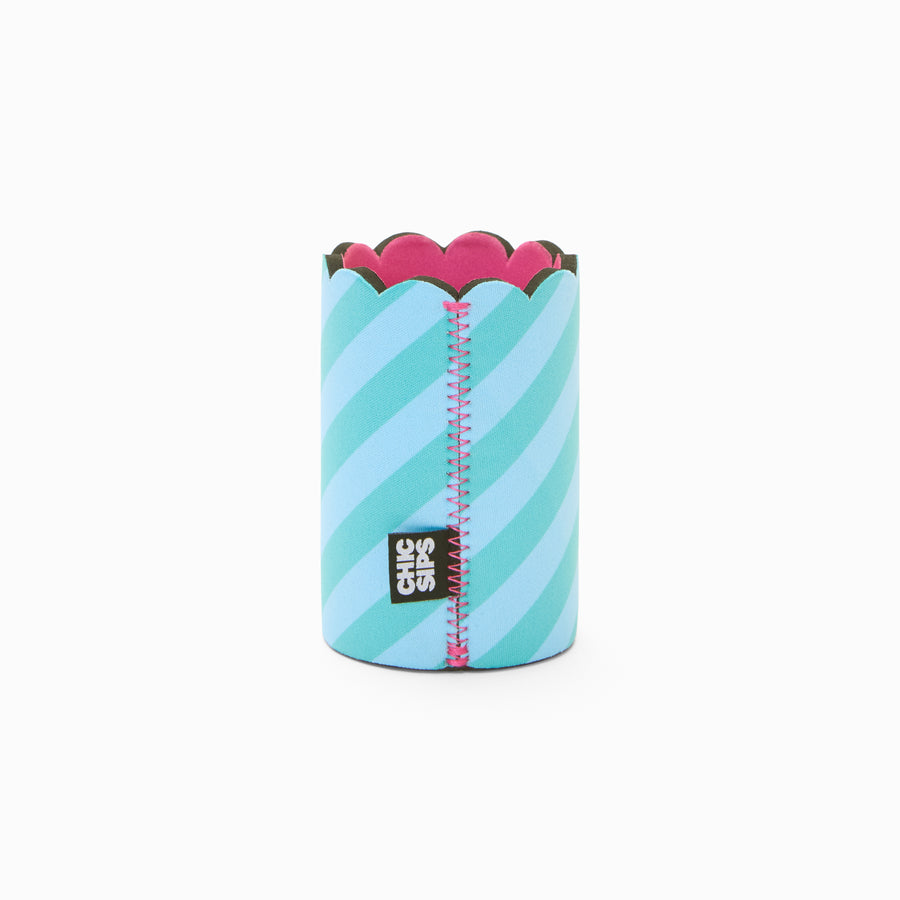 Blue and green stripe print can sleeve with scalloped edge, pink lining and pink zigzag seam