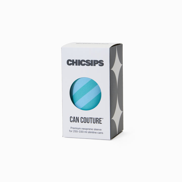 White Chic Sips Can Couture product packaging box with black text and circular cut-out showing Strut green and blue diagonal stripe print can sleeve design