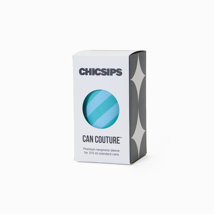 White Chic Sips Can Couture product packaging box with black text and circular cut-out showing Strut green and blue diagonal stripe print can sleeve design