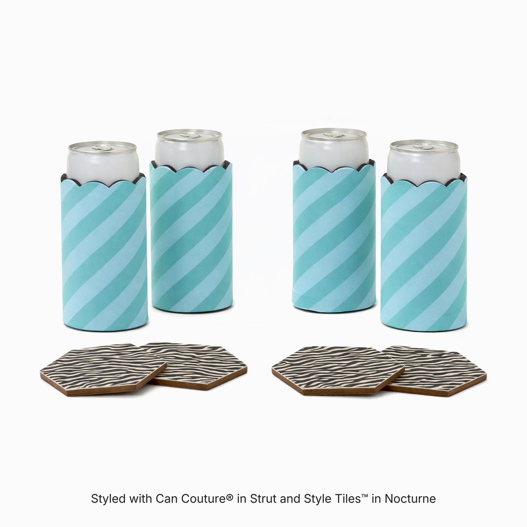 Four can sleeves in Strut stripe print with four hexagonal coasters in Nocturne zebra print