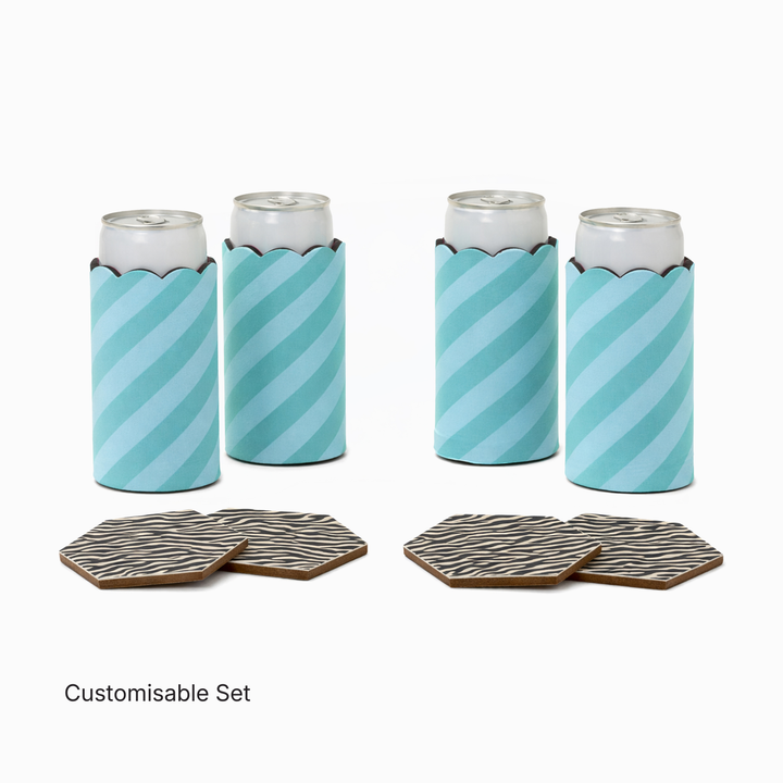 Four can sleeves in Strut stripe print with four hexagonal coasters in Nocturne zebra print with the words "Customisable Set"