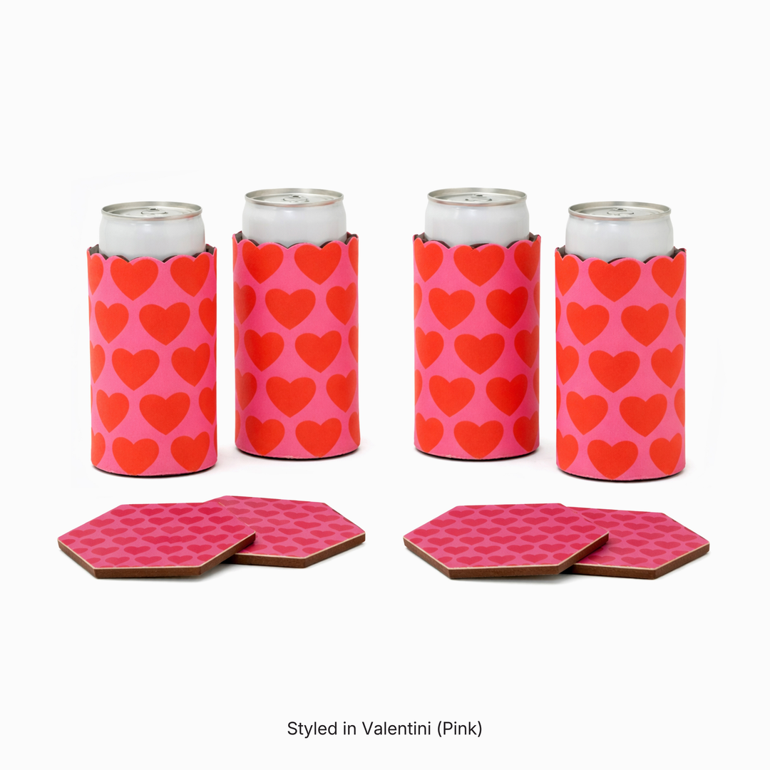 Four can sleeves and four matching hexagonal coasters in in Valentini heart print