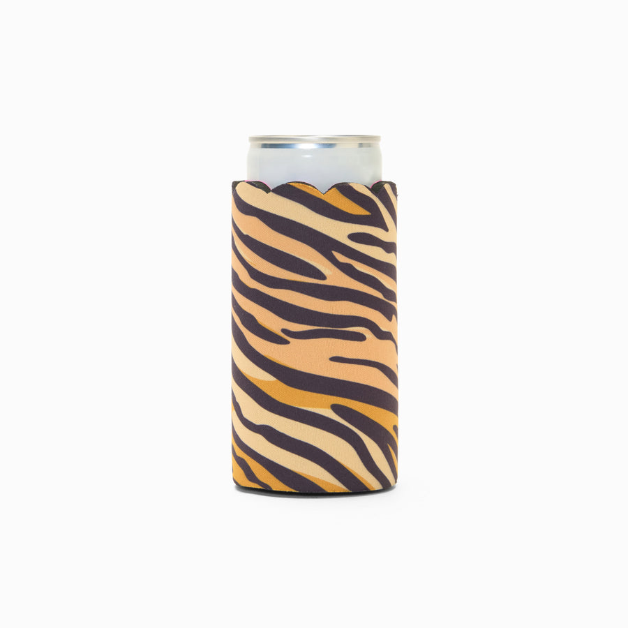 Tiger print can sleeve with scalloped edge, holding a can