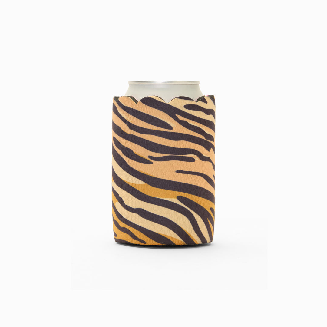 Tiger print can sleeve with scalloped edge, holding a can