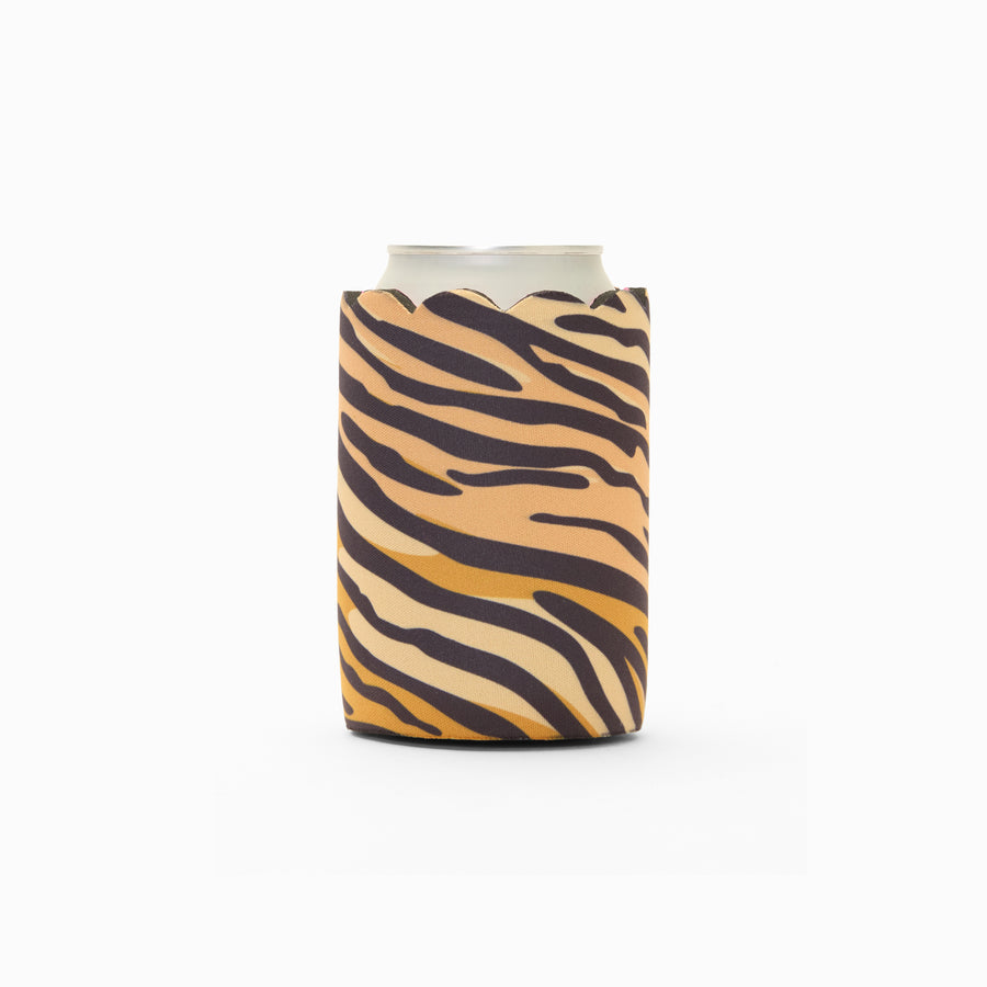 Tiger print can sleeve with scalloped edge, holding a can