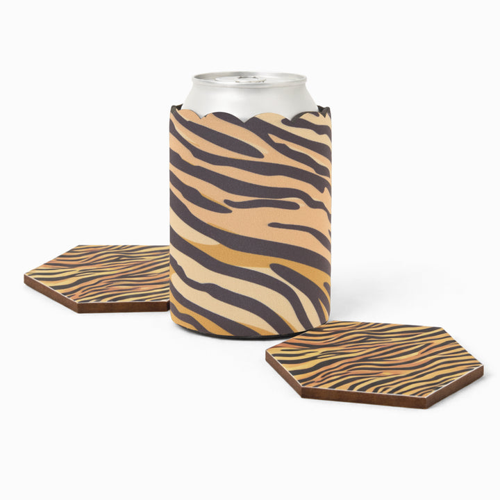 Tiger print can sleeve with beverage can and two matching hexagonal coasters