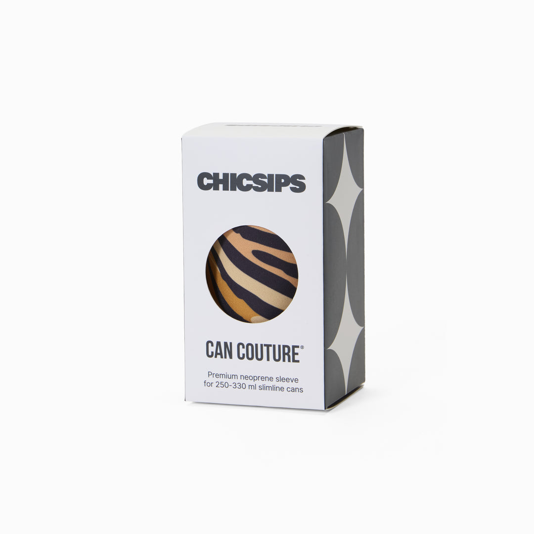 Can Couture packaging box with circular window showing tiger print neoprene can sleeve