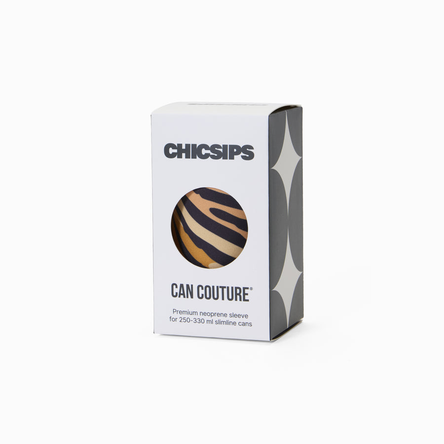 Can Couture packaging box with circular window showing tiger print neoprene can sleeve