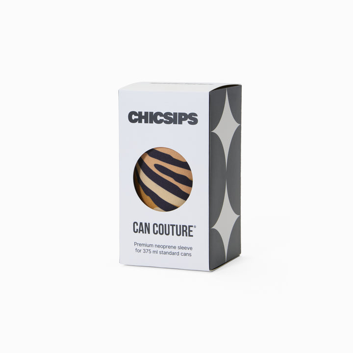 Can Couture packaging box with circular window showing tiger print neoprene can sleeve