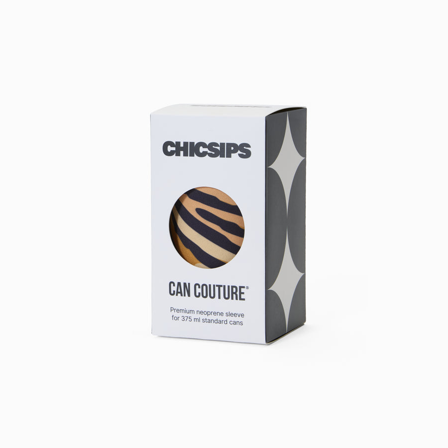 Can Couture packaging box with circular window showing tiger print neoprene can sleeve