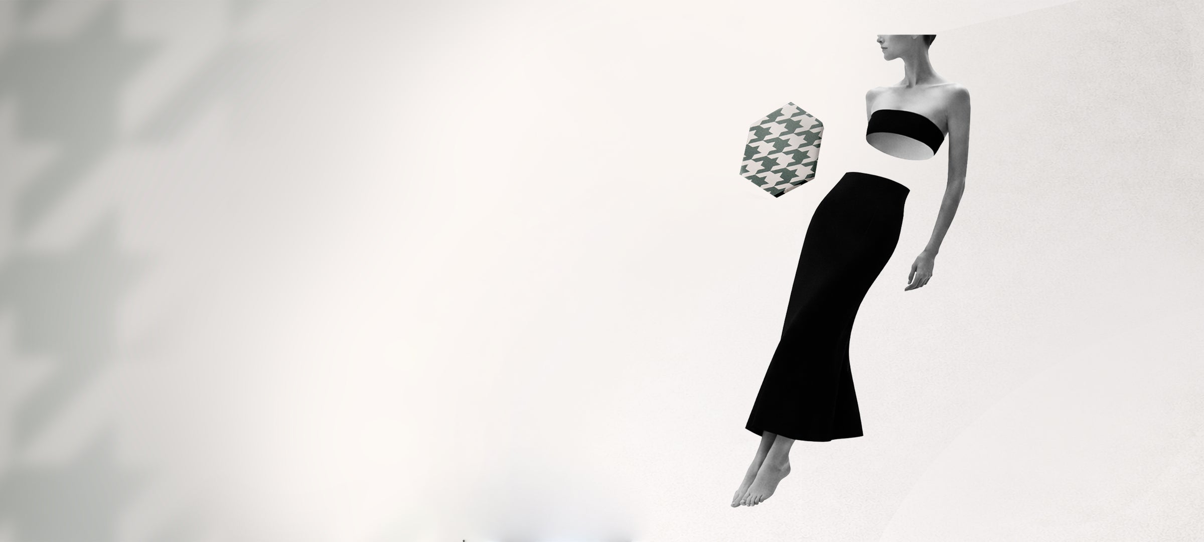 Houndstooth style tile in Harland green next to a floating black and white model