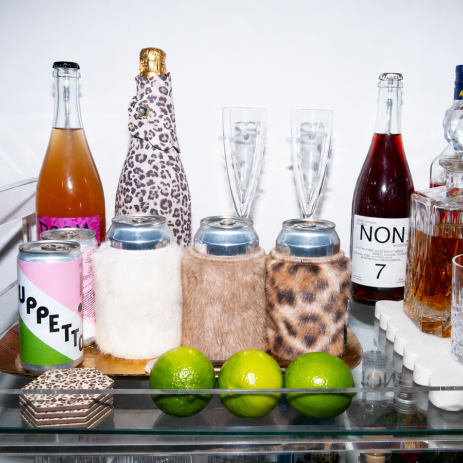 After Dark | 4-Piece Faux Fur Can Sleeve & Coaster Set