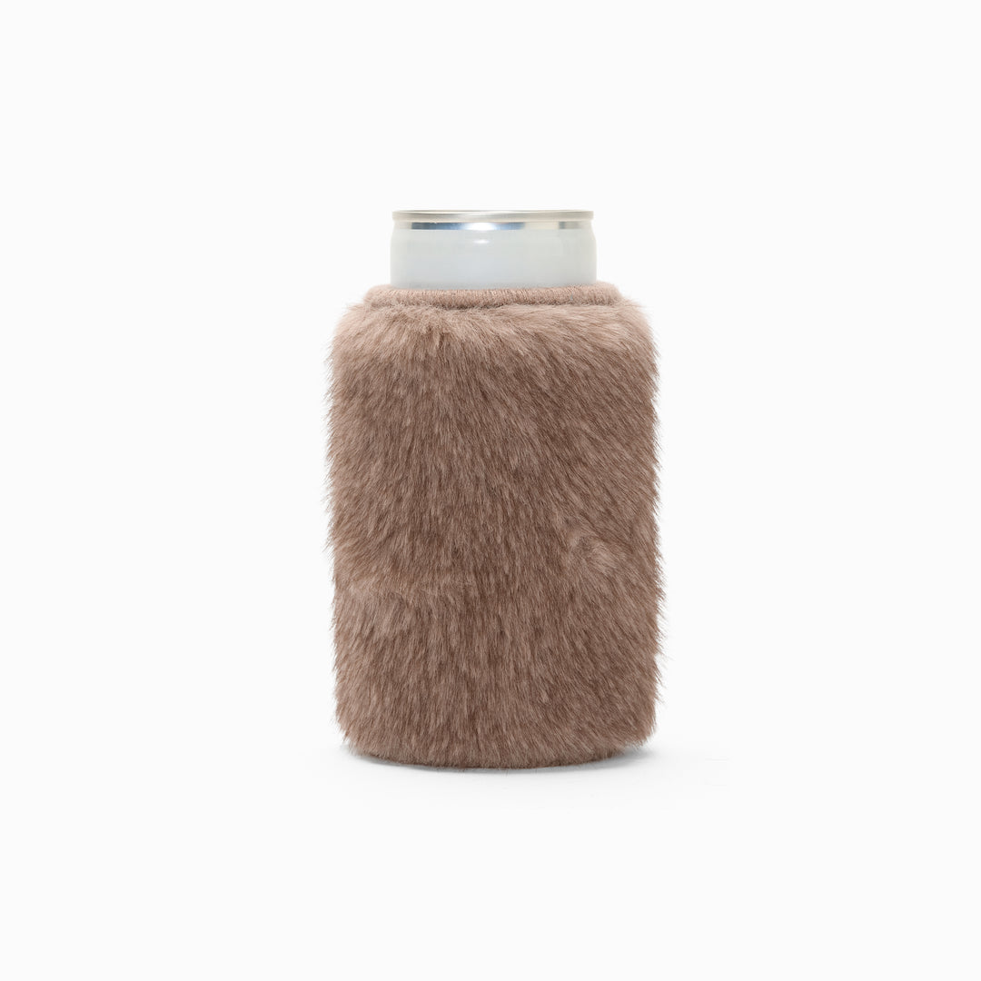 Brown faux fur can sleeve, holding a can