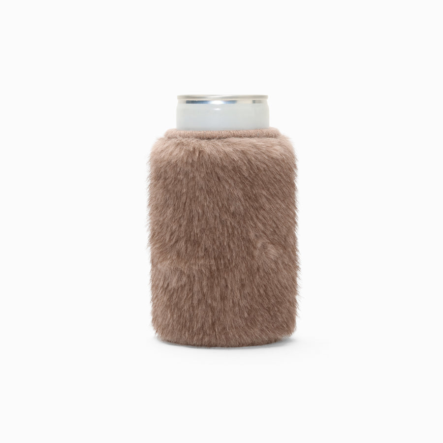 Brown faux fur can sleeve, holding a can