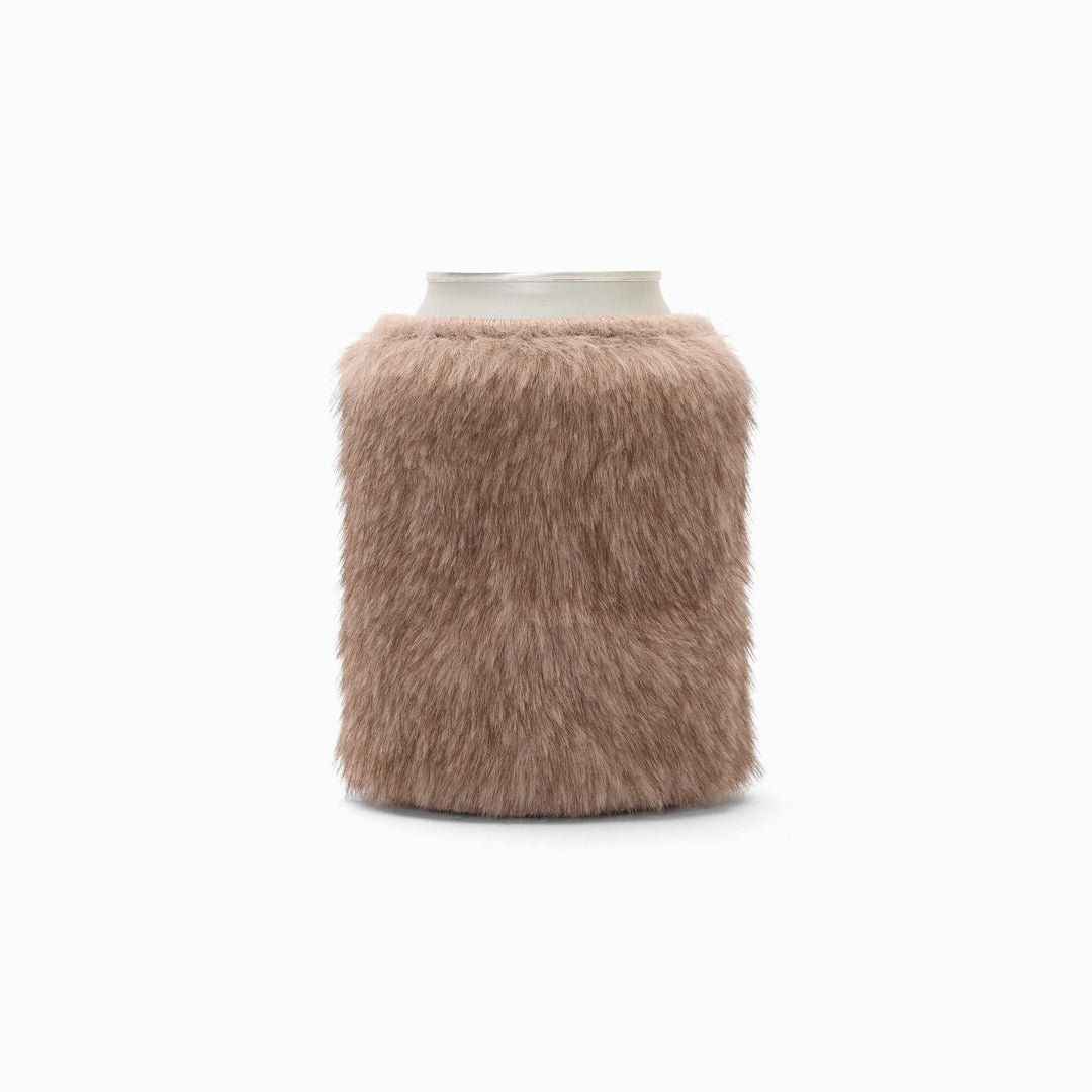 Brown faux fur can sleeve, holding a can