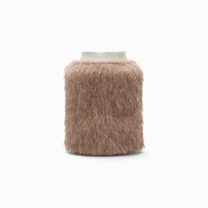 Brown faux fur can sleeve, holding a can
