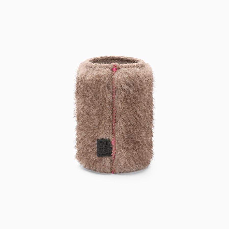 Black faux fur can sleeve with pink zigzag seam