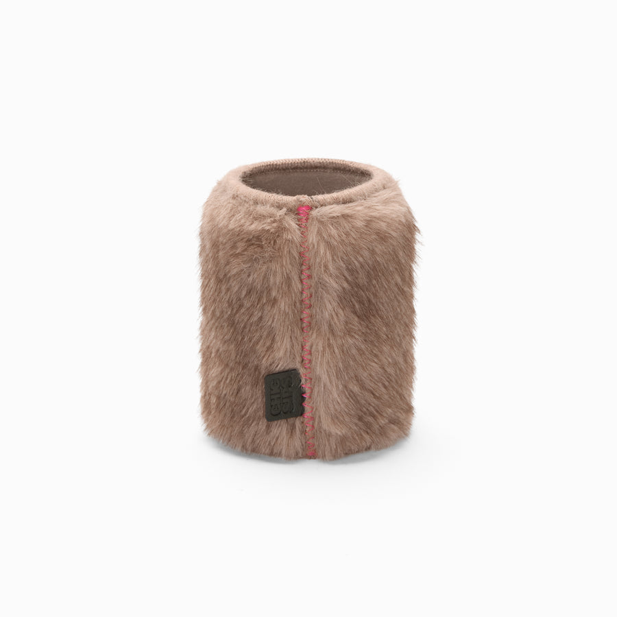 Black faux fur can sleeve with pink zigzag seam
