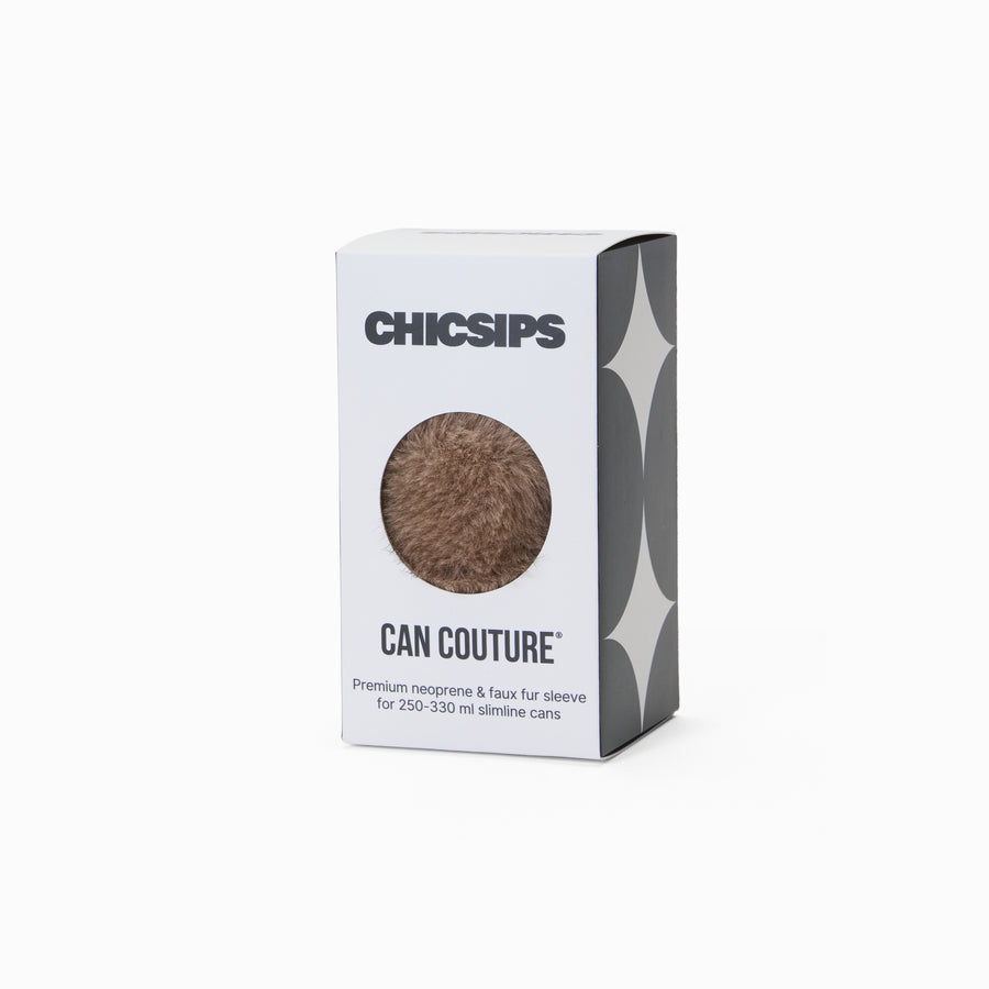 Can Couture packaging box with circular window showing brown faux fur can sleeve 
