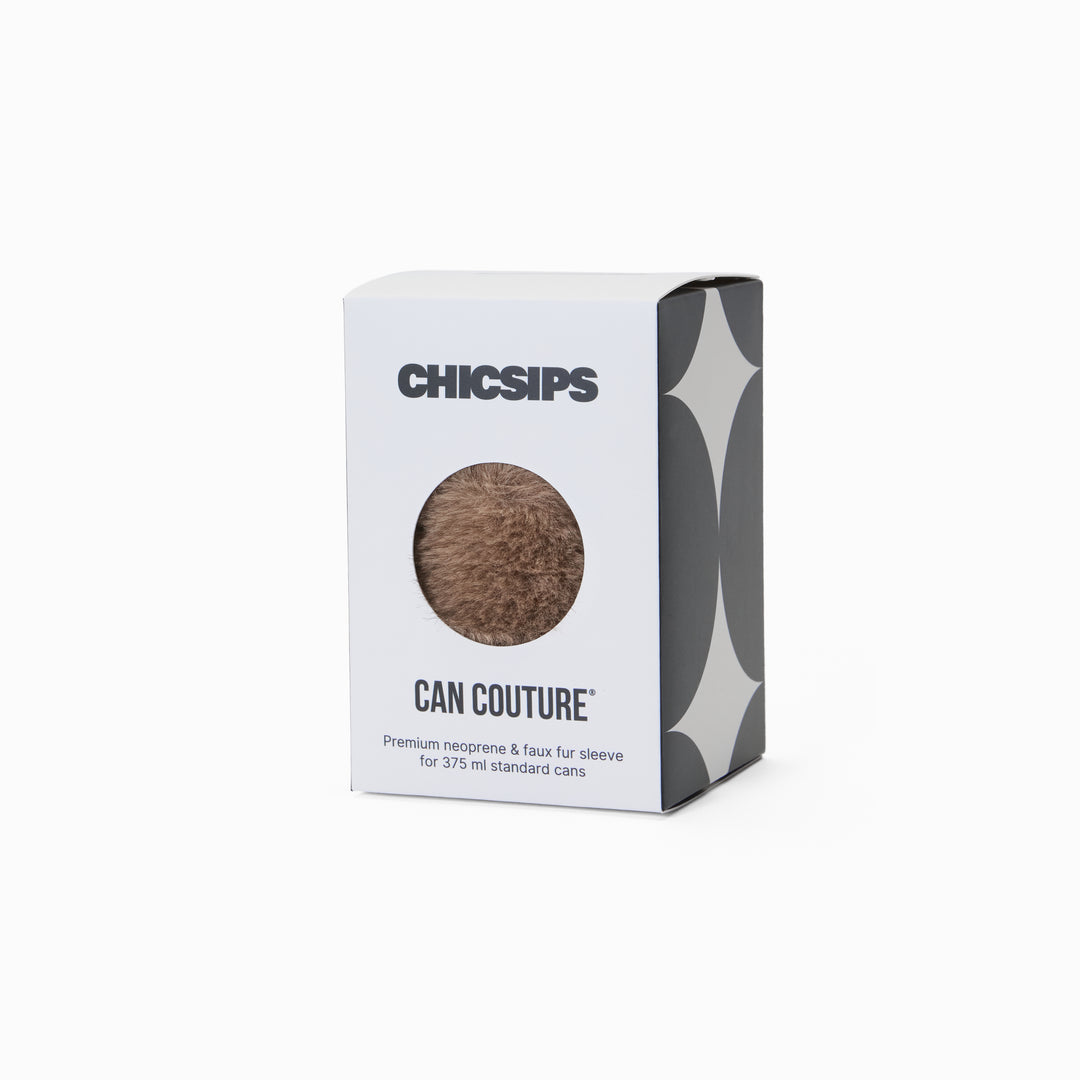 Can Couture packaging box with circular window showing brown faux fur can sleeve 