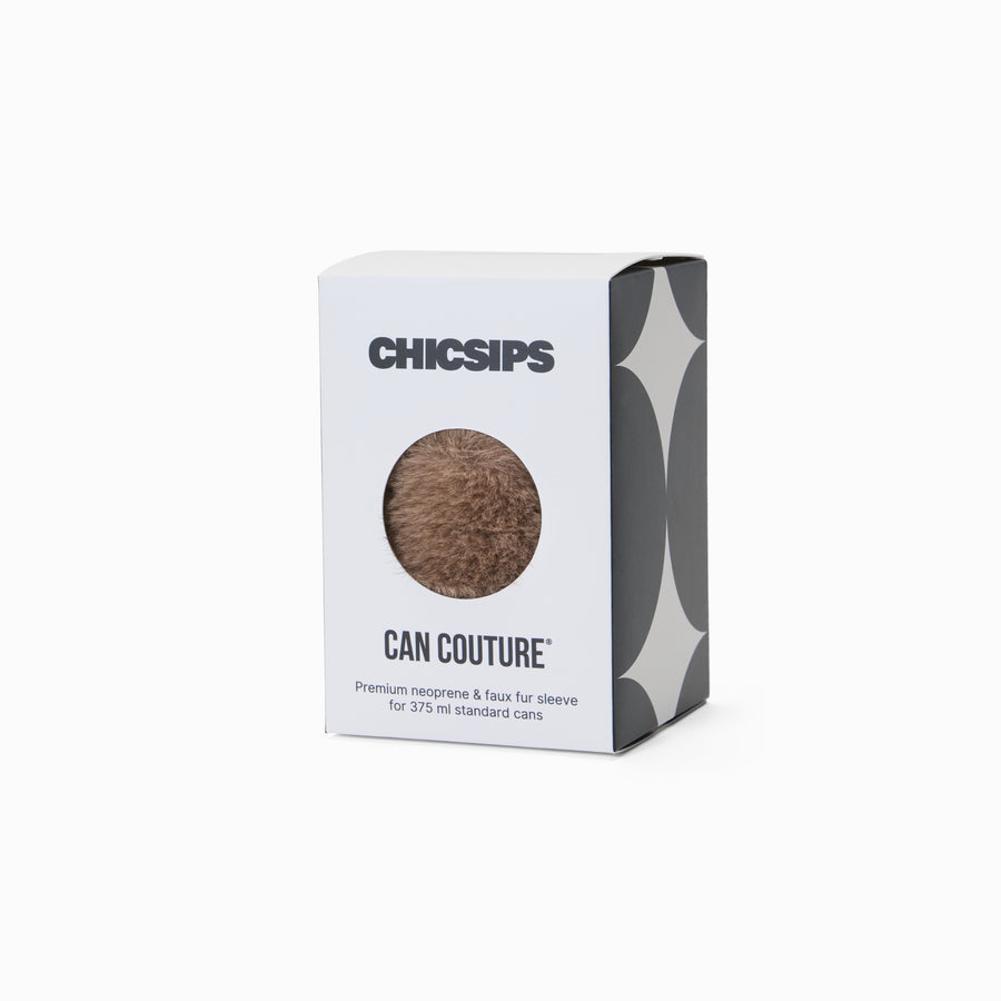 Can Couture packaging box with circular window showing brown faux fur can sleeve 