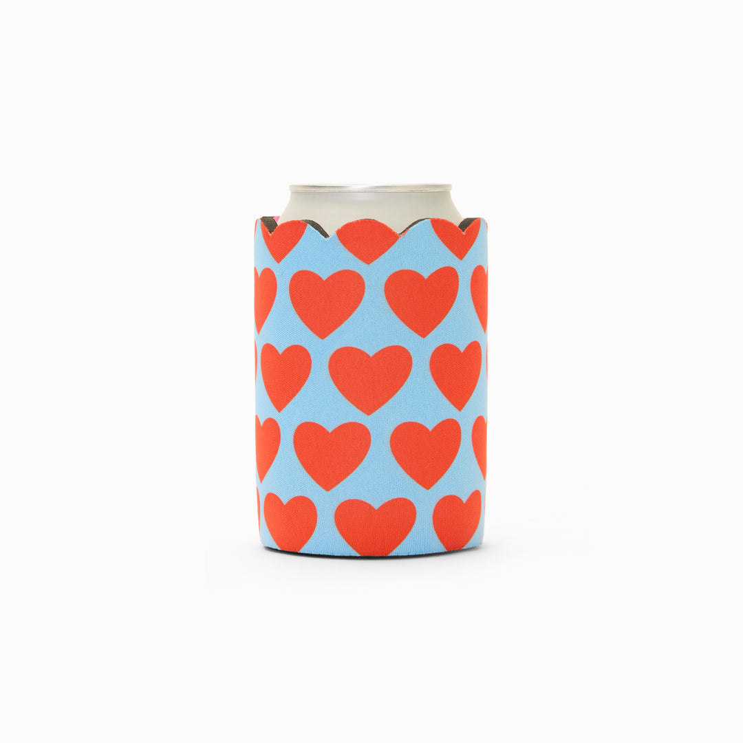 Blue and red heart print can sleeve with scalloped edge, holding a can