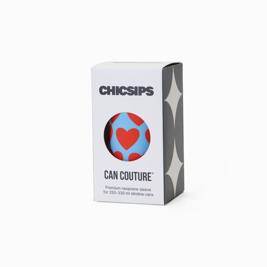 Can Couture packaging box with circular window showing blue and red heart print neoprene can sleeve