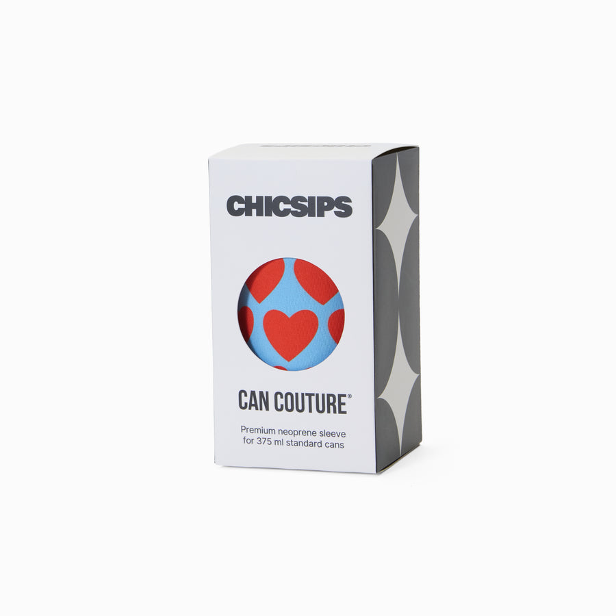 Can Couture packaging box with circular window showing blue and red heart print neoprene can sleeve