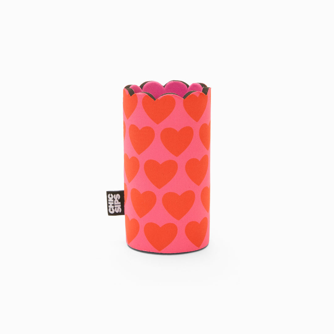 Pink and red heart print can sleeve with scalloped edge and pink lining