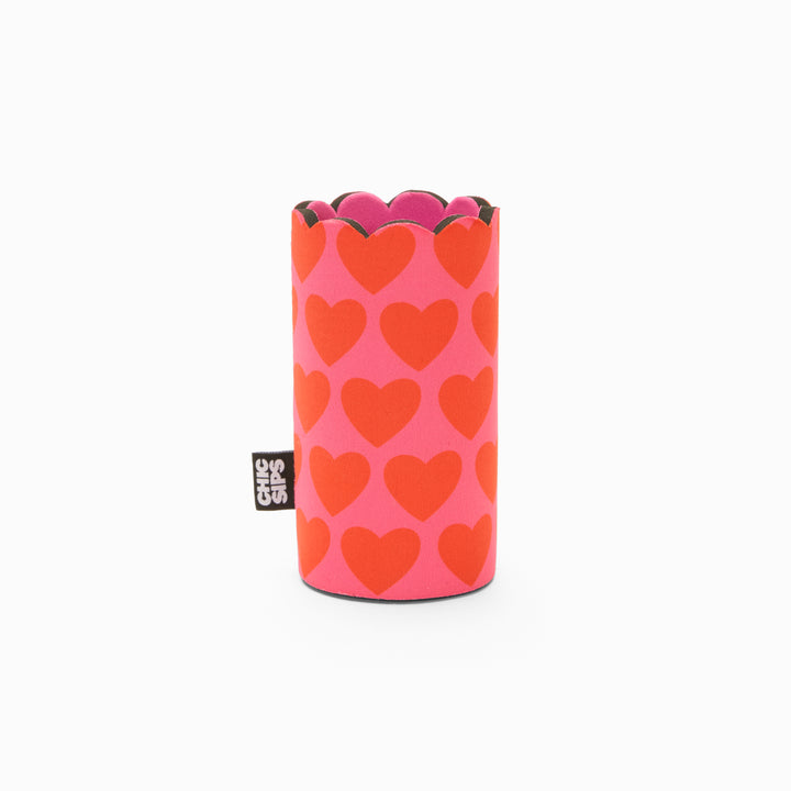Pink and red heart print can sleeve with scalloped edge and pink lining