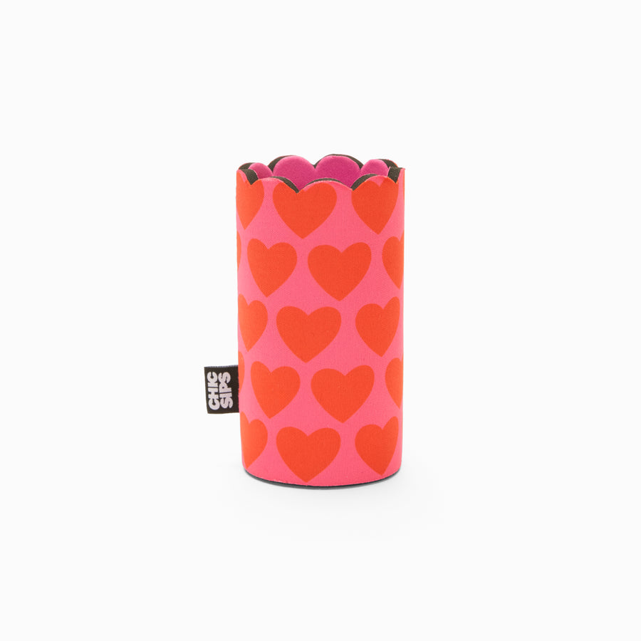 Pink and red heart print can sleeve with scalloped edge and pink lining