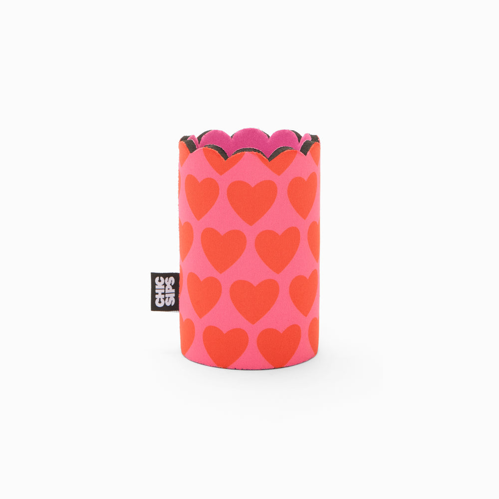 Pink and red heart print can sleeve with scalloped edge and pink lining