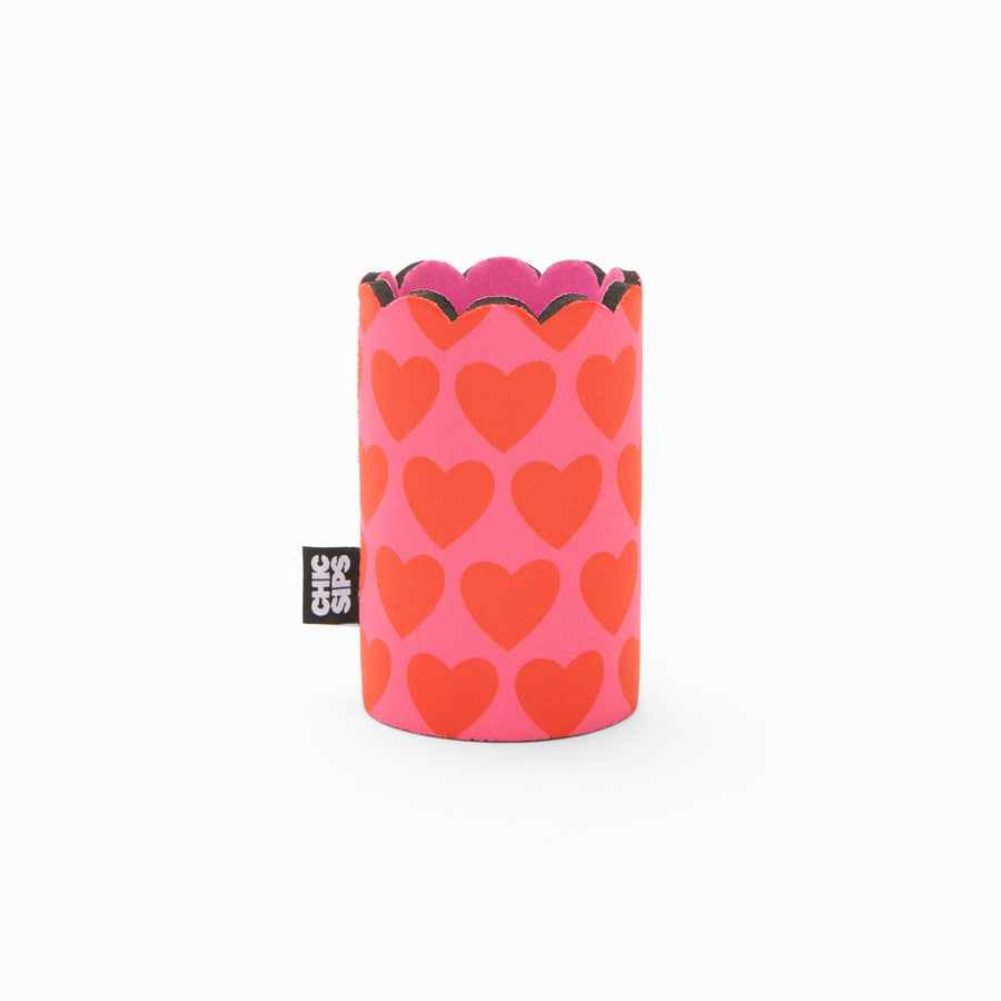 Pink and red heart print can sleeve with scalloped edge and pink lining