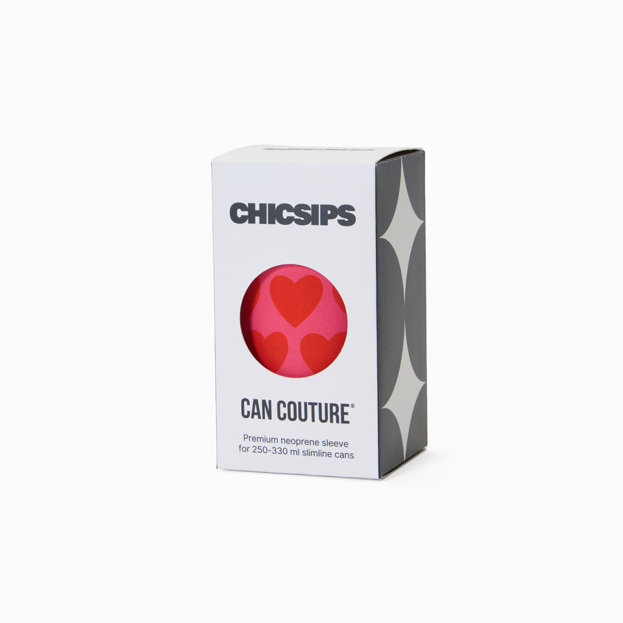 Can Couture packaging box with circular window showing pink and red heart print neoprene can sleeve