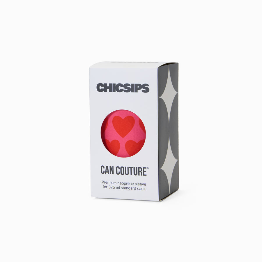 Can Couture packaging box with circular window showing pink and red heart print neoprene can sleeve