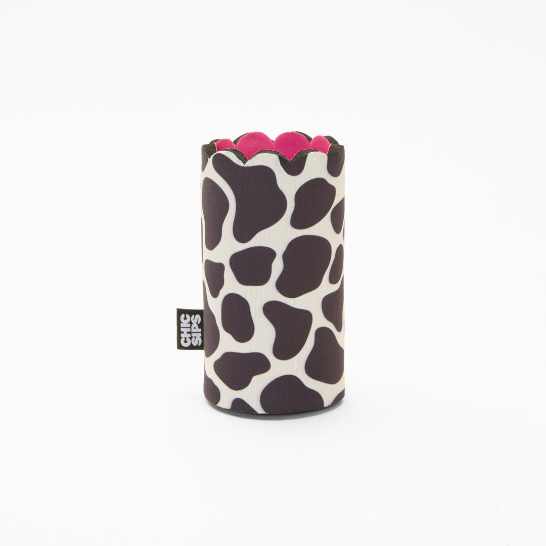 Cow print can sleeve with scalloped edge and pink lining