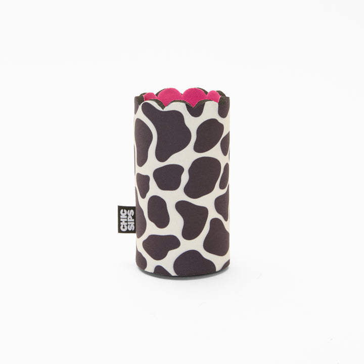 Cow print can sleeve with scalloped edge and pink lining
