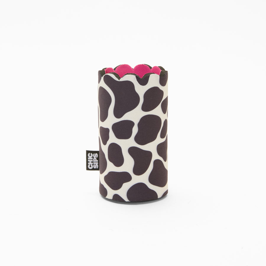 Cow print can sleeve with scalloped edge and pink lining
