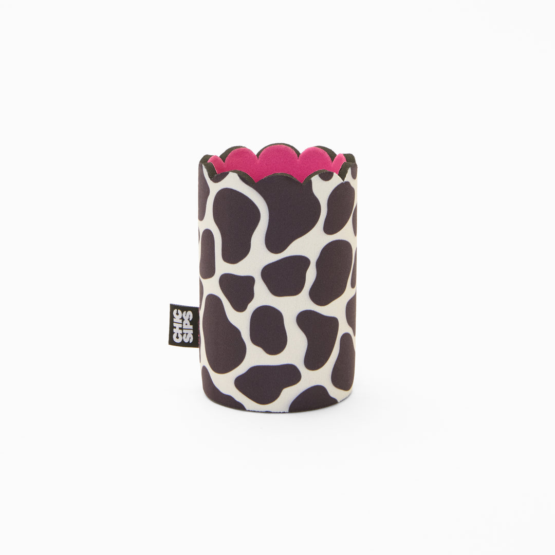 Cow print can sleeve with scalloped edge and pink lining