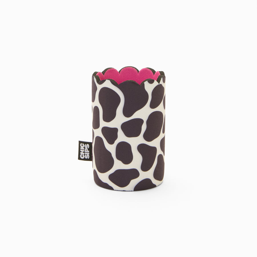 Cow print can sleeve with scalloped edge and pink lining