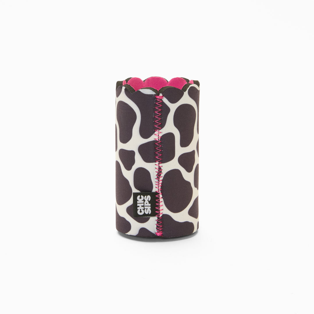 Black and white cow print can sleeve with scalloped edge, pink lining and pink zigzag seam