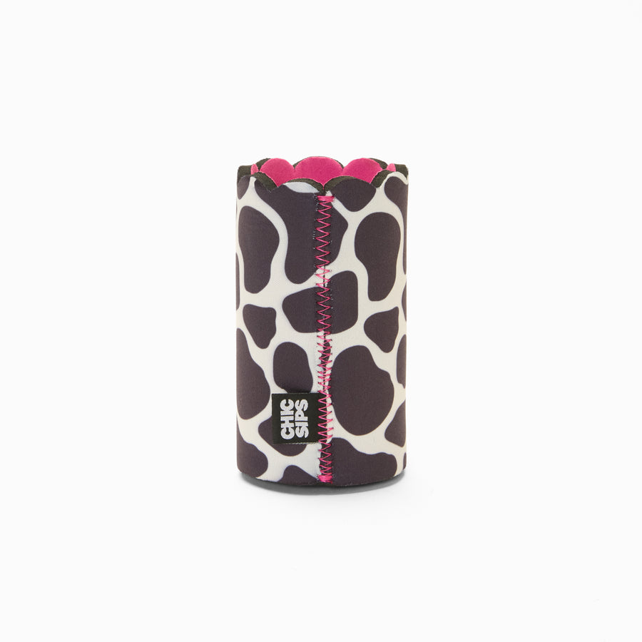 Black and white cow print can sleeve with scalloped edge, pink lining and pink zigzag seam