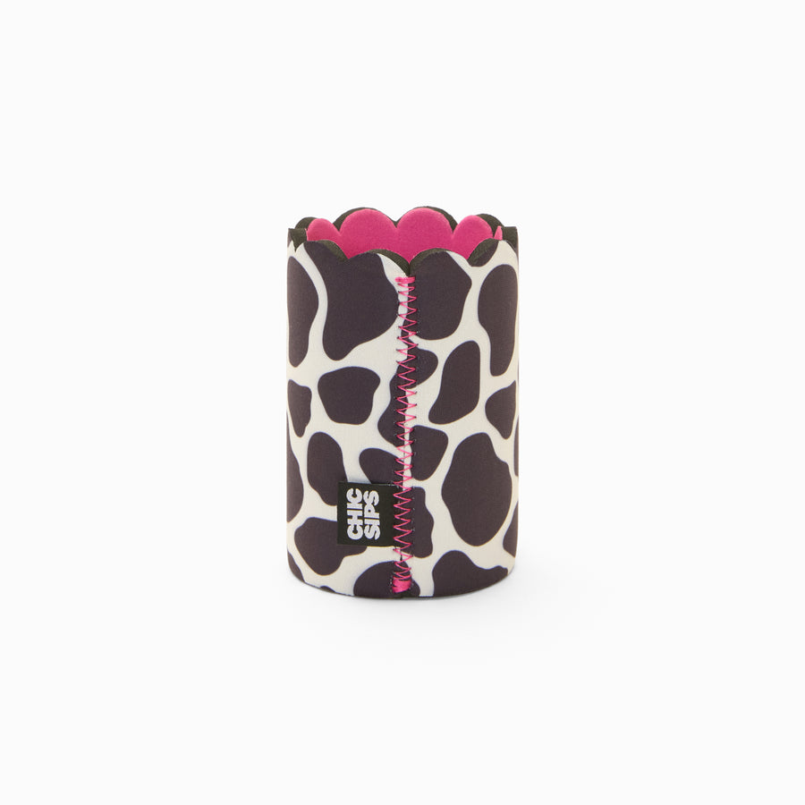Black and white cow print can sleeve with scalloped edge, pink lining and pink zigzag seam