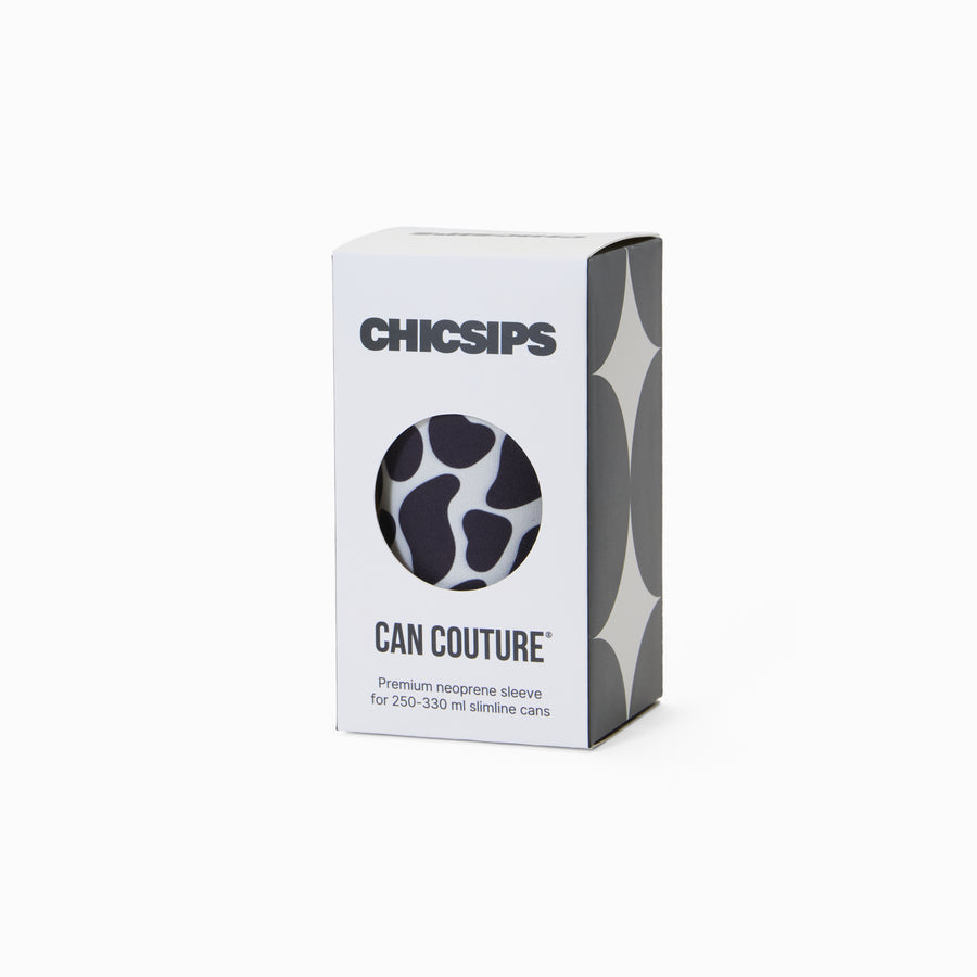 Can Couture packaging box with circular window showing cow print neoprene can sleeve
