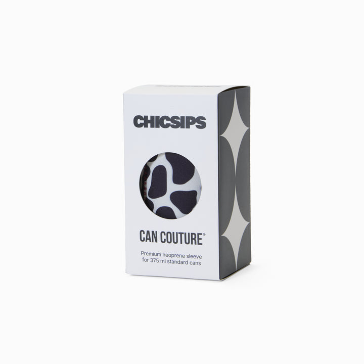 Can Couture packaging box with circular window showing cow print neoprene can sleeve